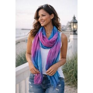 Extra Long Ombre Bandana Scarf Wrap Pink & Blue Lightweight Shawl Stole 33" x 88